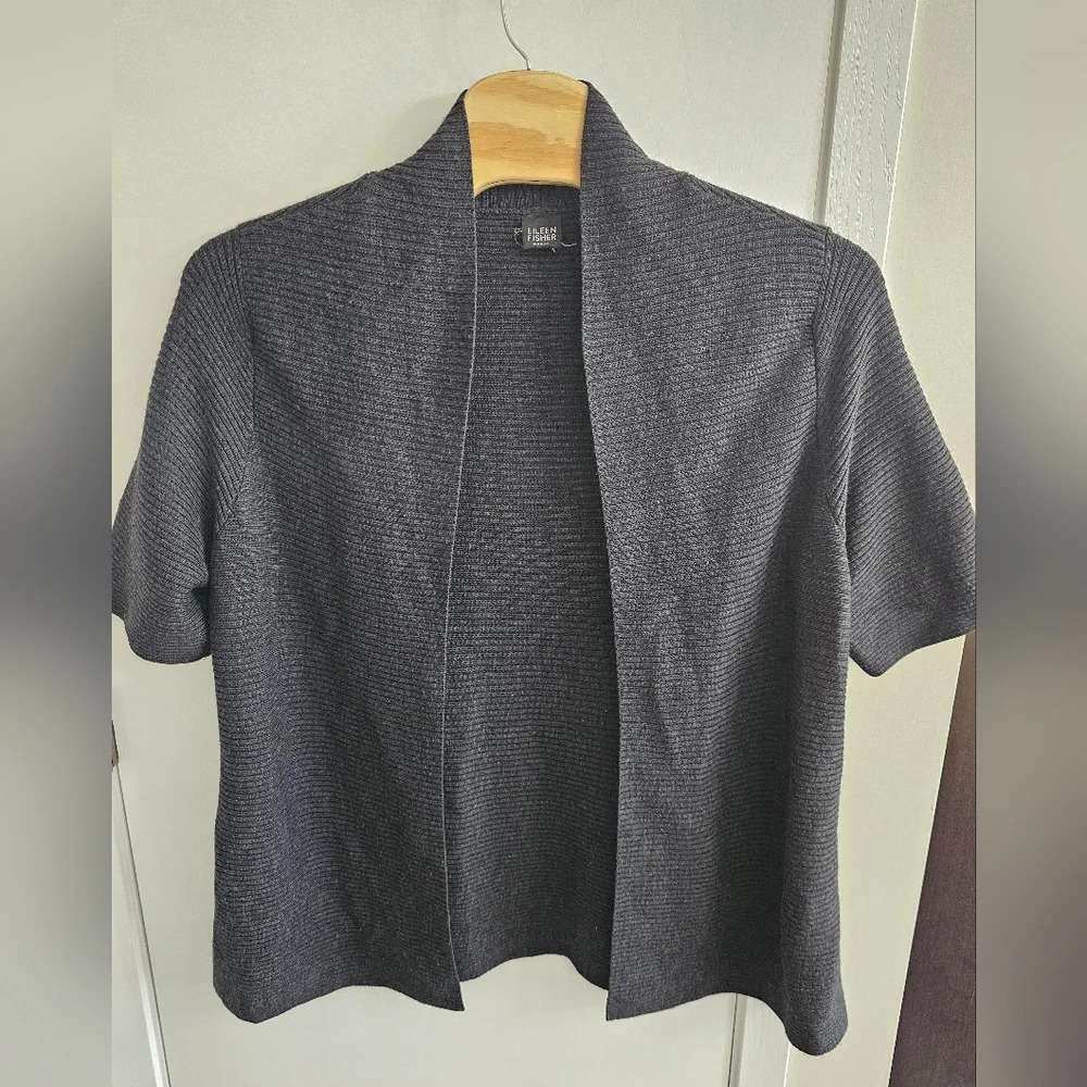Eileen Fisher Merino High Collar Cardigan Quarter Sleeve in 100% Merino Wool 2x